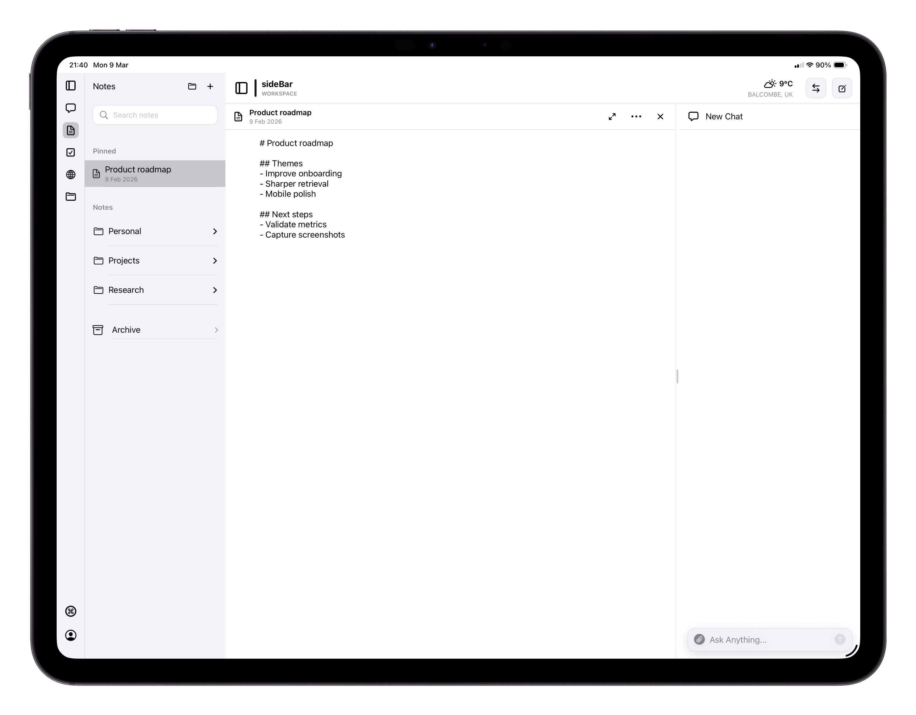 sideBar notes with folders and a product roadmap note open
