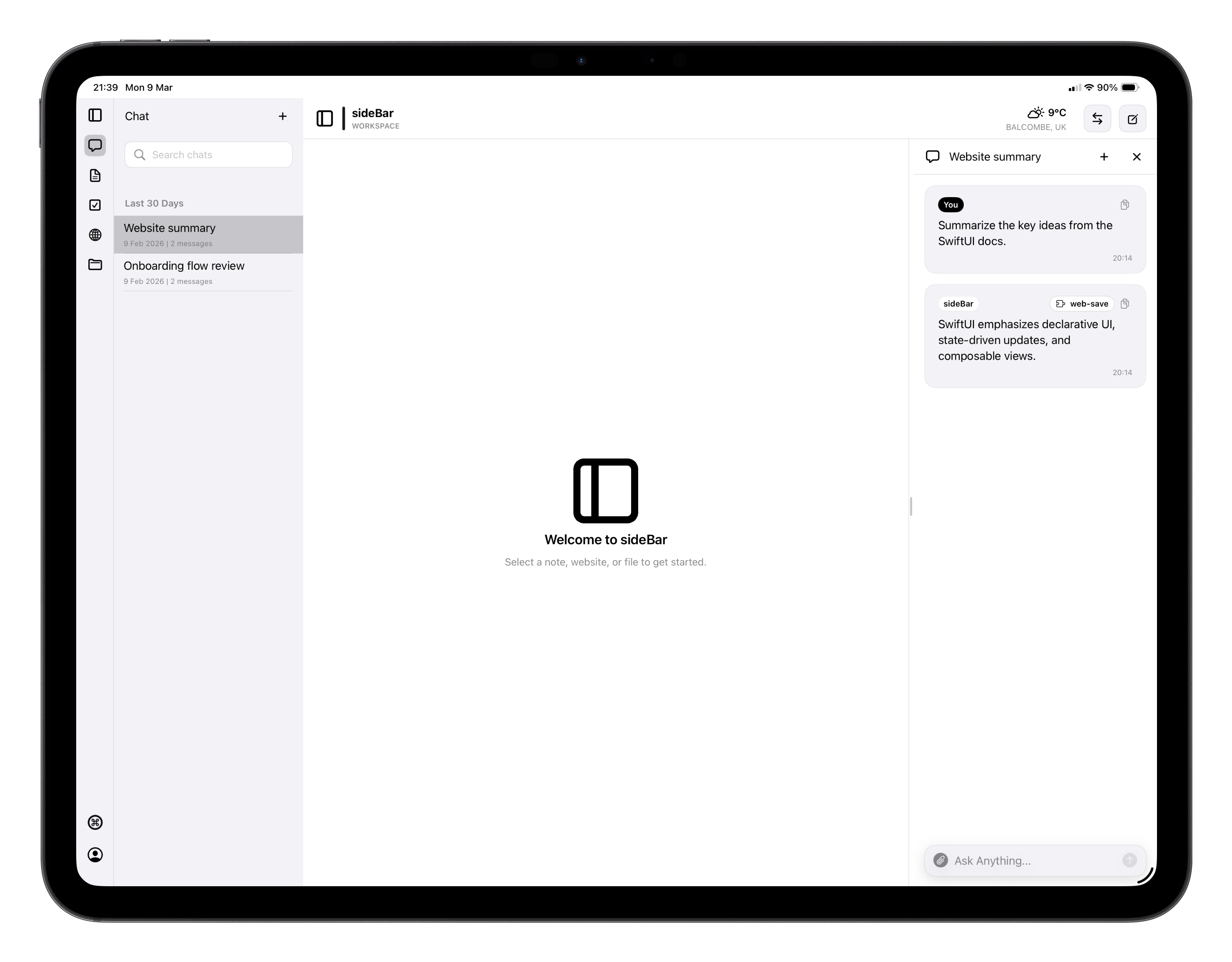sideBar on iPad showing the chat panel open alongside a website summary