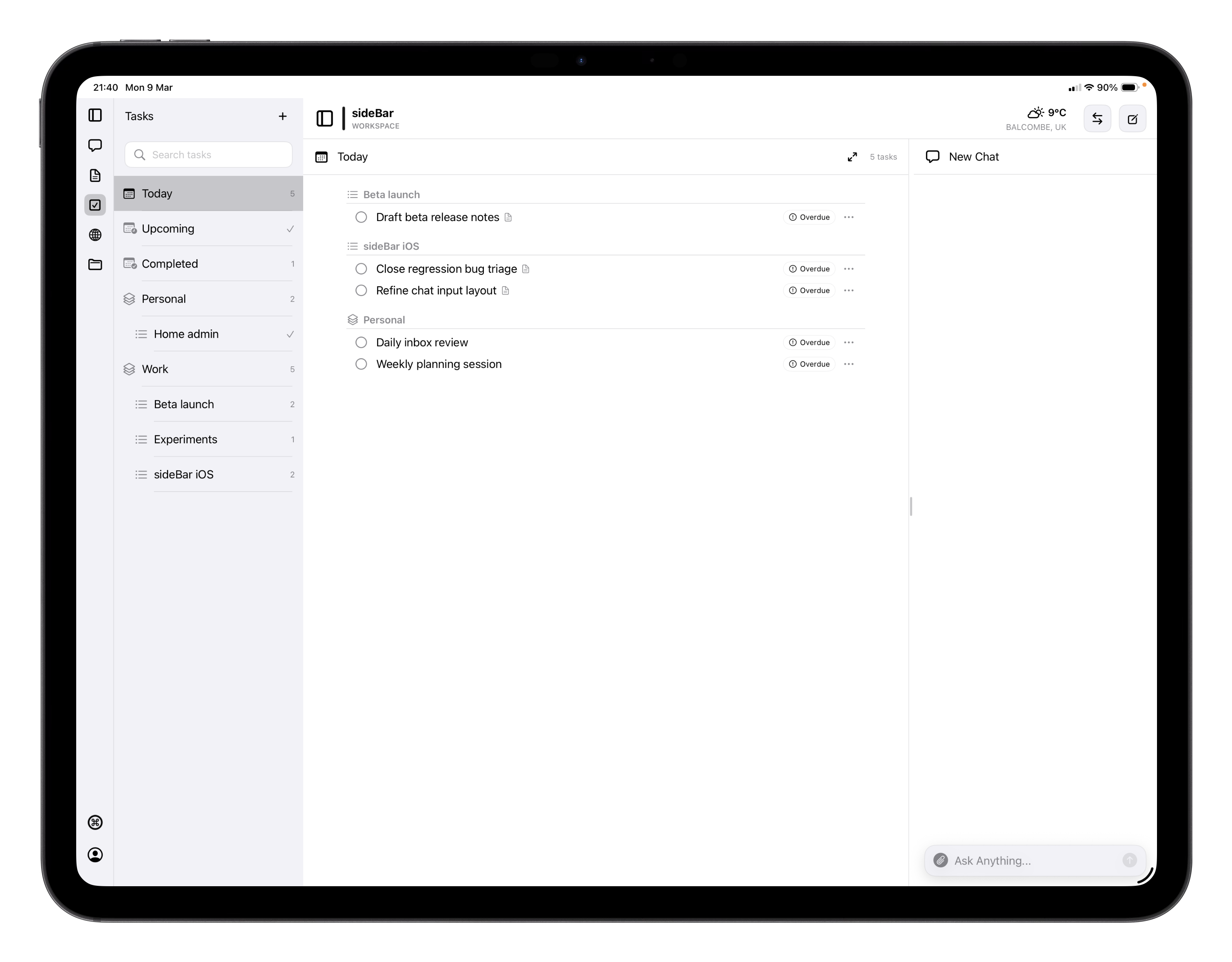 sideBar tasks showing the Today view with grouped tasks across projects