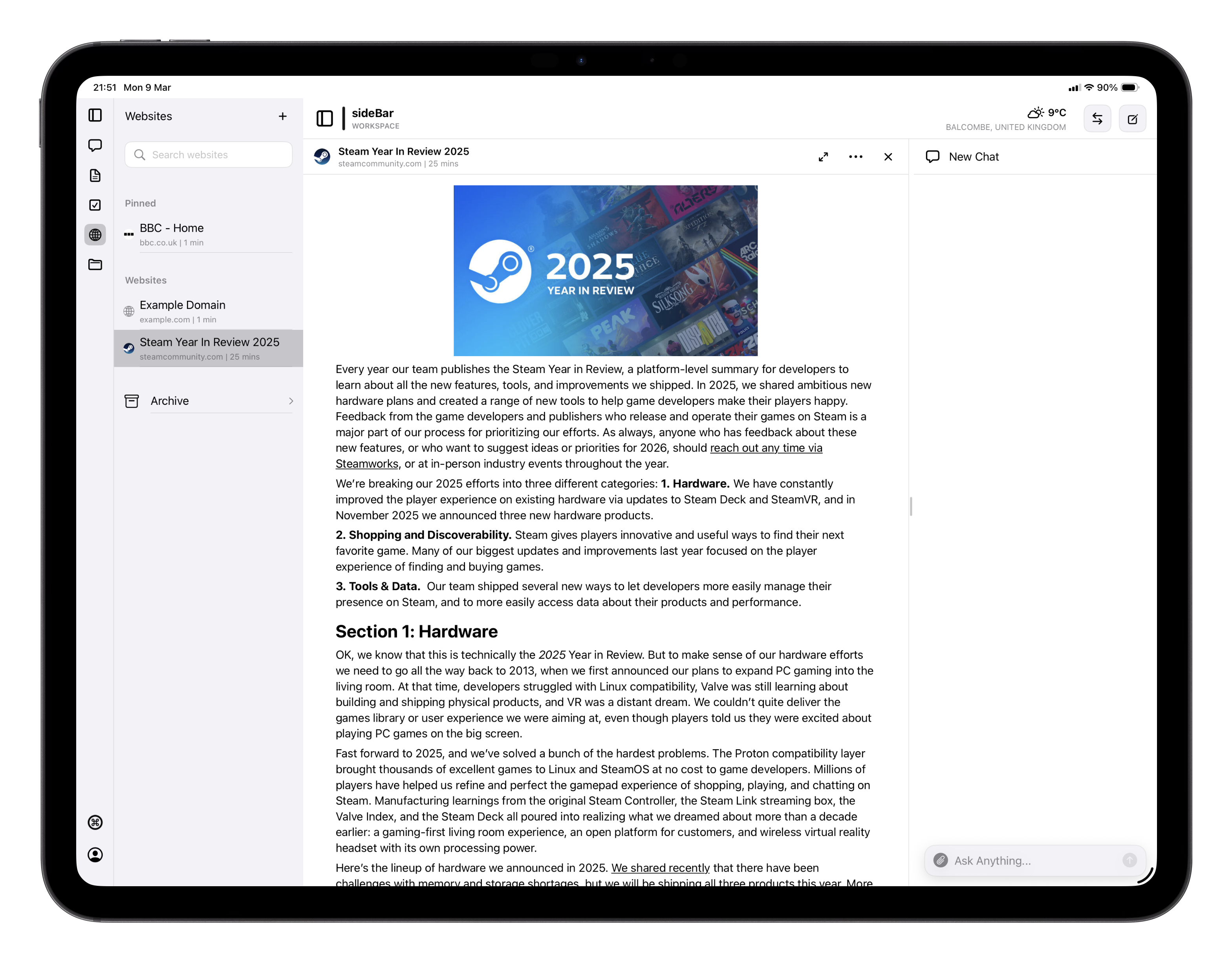 sideBar websites showing a saved article open with the full text extracted